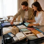 Foreign tourists packing clothes and travel essentials for an India trip