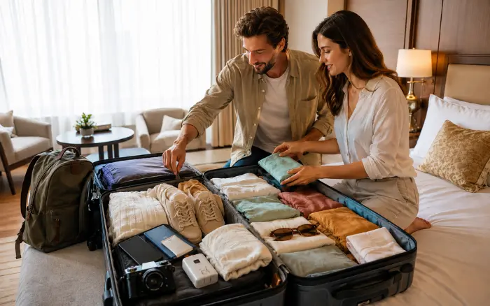 Foreign tourists packing clothes and travel essentials for an India trip