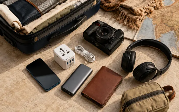 Travel adapter, smartphone, power bank and camera for an India trip