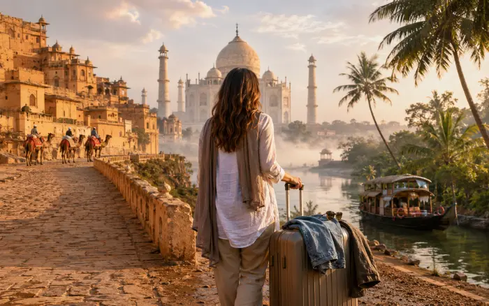 Foreign tourist with luggage visiting the Taj Mahal in India