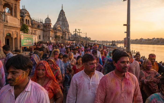 Holi crowd near Mathura temple and riverside ghat