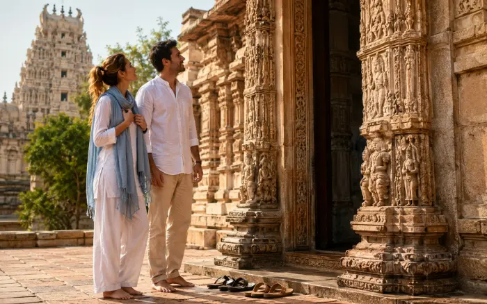 Tourists wearing modest clothing while visiting an Indian temple