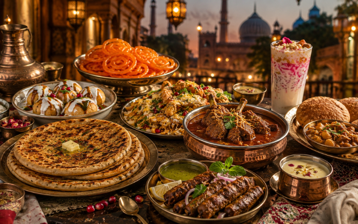 Old Delhi street food featuring paratha, jalebi, chaat, kebabs and nihari near Jama Masjid
