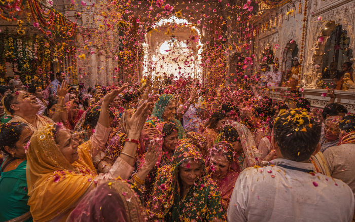 Phoolon Wali Holi with flower petals in a Vrindavan temple