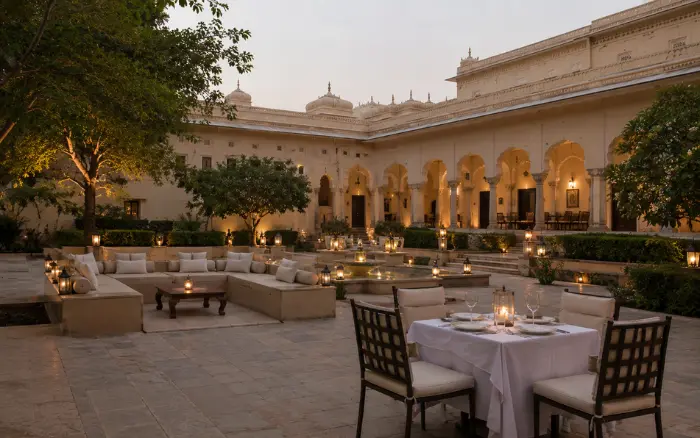 Luxury heritage hotel courtyard for a romantic Rajasthan honeymoon