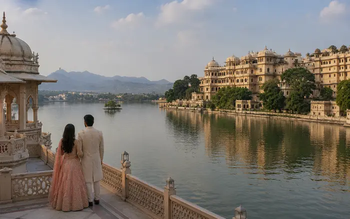 Couple enjoying a romantic Udaipur lakeside view in Rajasthan
