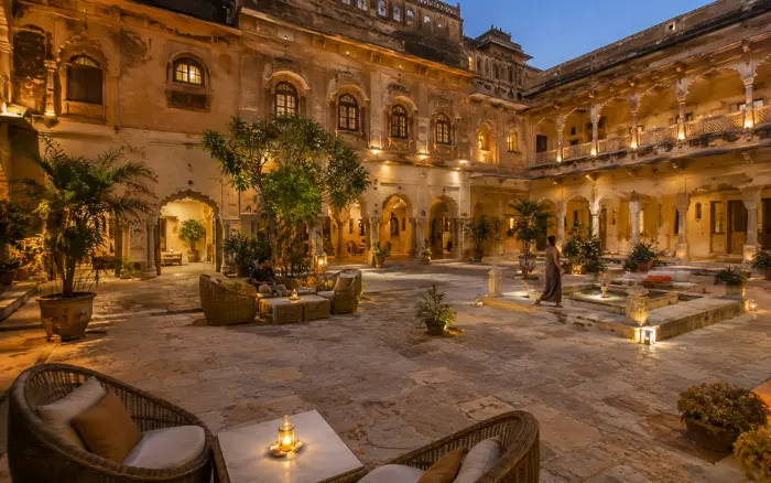 Heritage hotel courtyard in Rajasthan India
