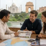 Travelers planning an India tour with a travel agency featuring Taj Mahal, India Gate and Amber Fort