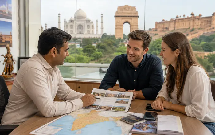 Travelers planning an India tour with a travel agency featuring Taj Mahal, India Gate and Amber Fort